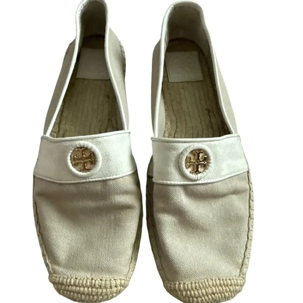 Tory Burch Lacey Canvas Khaki / Ivory Flat Espadrille Size 9